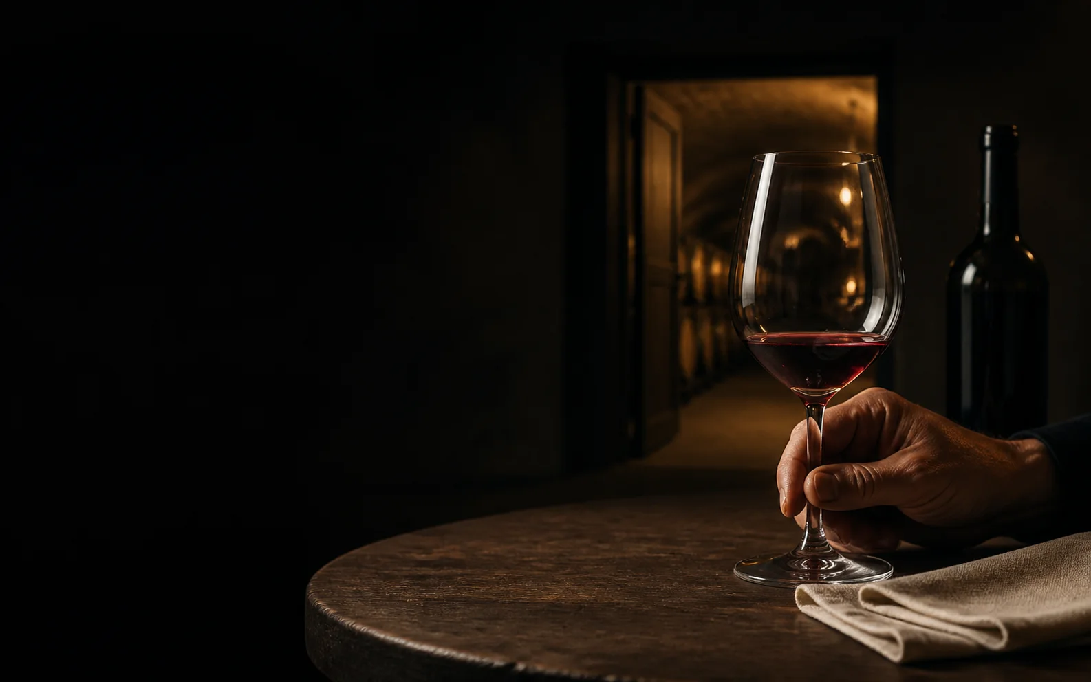 A hand holding a glass of red wine in warm cellar light
