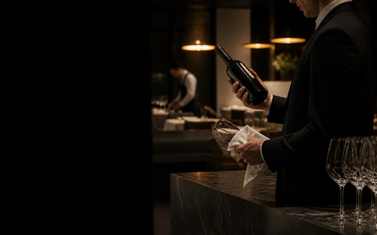 A sommelier preparing an unbranded bottle and crystal glassware for service